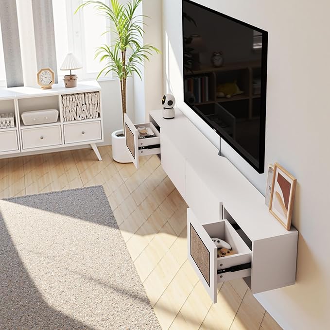 Pmnianhua Boho Floating TV Stand 70", Modern Wall Mounted Media Console with Cotton-Rayon Doors for Under TV Shelf,Entertainment Center,Living Room,Bedroom(White)