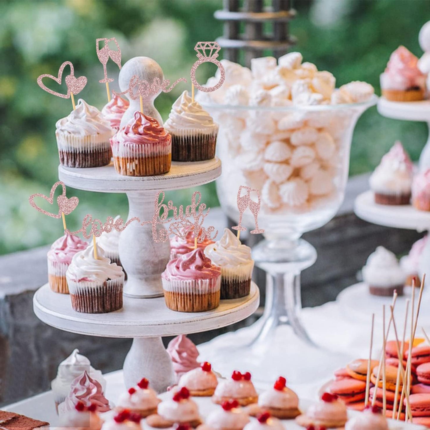 35 PCS Glitter Diamond Ring Bride to be Love Cupcake Topper Champagne Cake Picks Decorations for Bridal Shower Wedding Engagement Party Supplies, Rose Gold