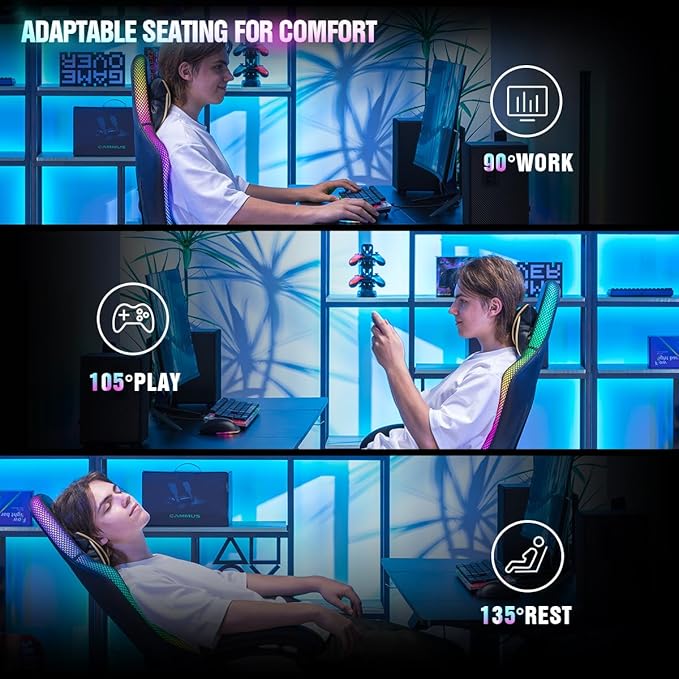 GTPLAYER Gaming Chair, RGB Gaming Chairs with LED Lights, Video Gaming Chair for Adults, Ergonomic Computer Gaming Chair with Linkage Armrest, Reclining Chair with Headrest (Without Massage, Yellow)