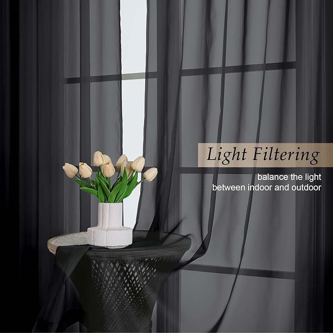 Black Sheer Curtains 90 Inches Long 2 Panels Set - Image 3