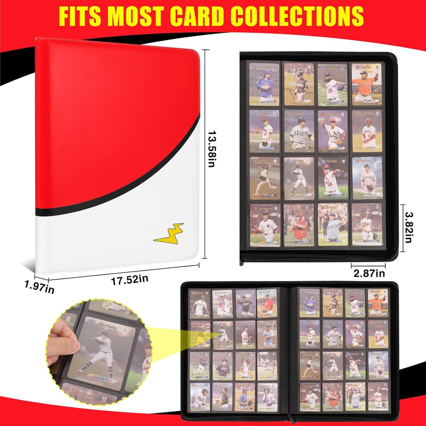 Premium 16-Card Binder 1000+ Card PU Cover Trading Card Album Compatible with MTG TCG Game Cards and Sports Cards Side Loading and Zipper Allow for Easy Collection