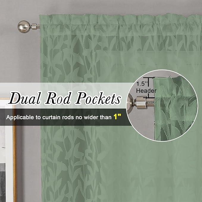 Lecloud Leia Sage Green Sheer Kitchen Curtains 24 Inch Length 2 Pcs, Jacquard - Image 5