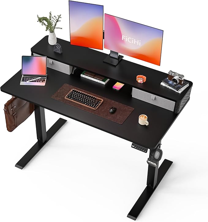 48x24 Inch Standing Desk with Double Drawers, C-Clamp Mount Compatible, Electric Adjustable Height Computer Stand Up Desks, Home Office Sit Stand Table with 3 Preset Heights & 2 Hooks, Black