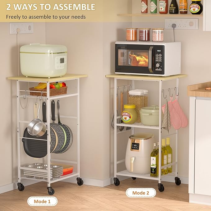 Rolling Kitchen Microwave Cart, 3 Tier Microwave Table Stand with Adjustable Shelf, Kitchen Storage Rack on Wheels, Coffee Station Cart Rack Shelf Organizer for Living Room Office, Balcony