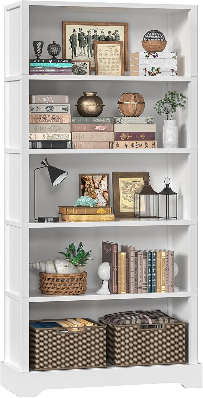 TVU 5-Tier Wooden Book Shelf, 65" Tall Bookshelf with Storage, Floor-Standing Display Bookcase, Farmhouse Style Bookshelf with Arched Base, Suitable for Living Room, Study, Office, White