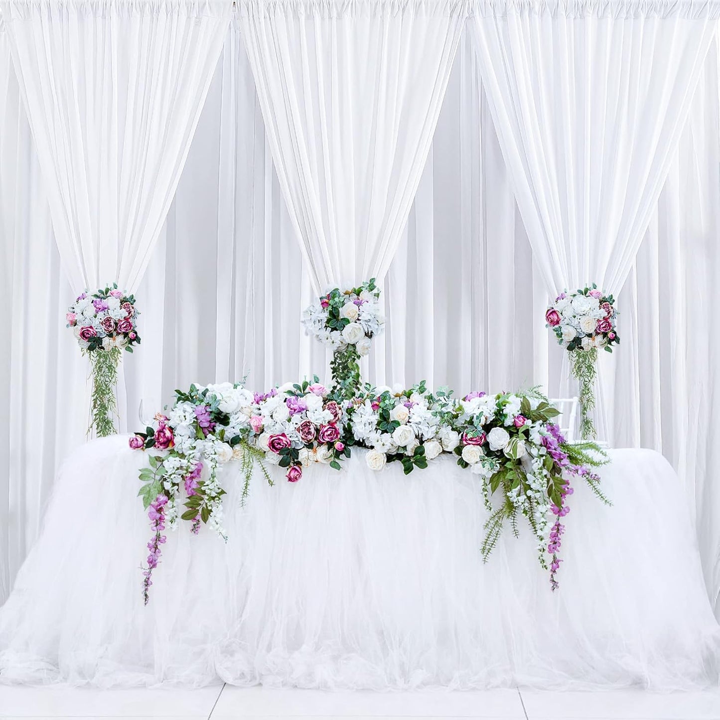 20 ft x 8 ft White Backdrop Curtain Drapes for Wedding Parties, 4 Panels 5 ft x 8 ft Wrinkle Free Polyester Photo Drapes for Birthday Party Baby Shower Backdrop Stand
