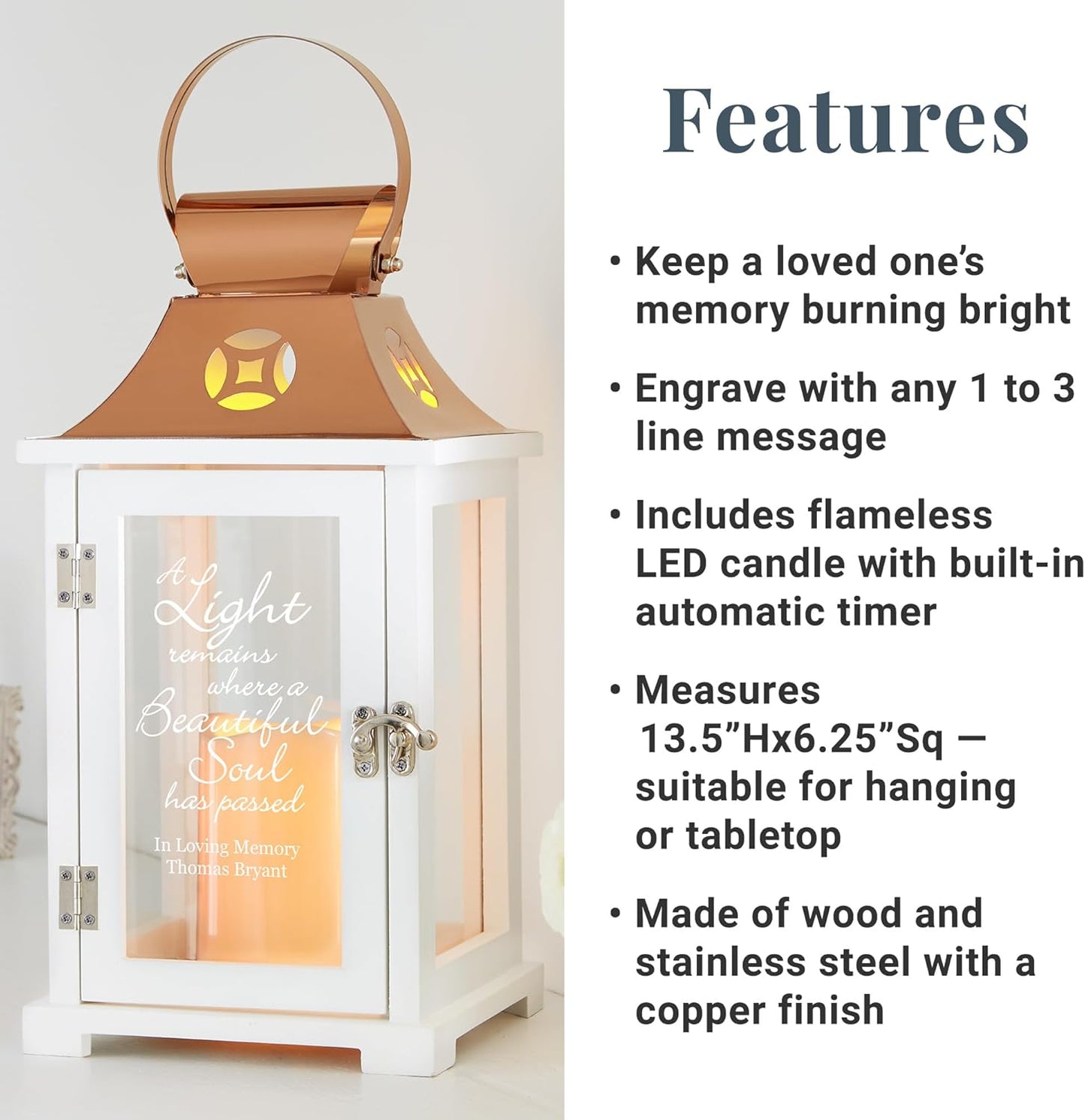 Let's Make Memories Personalized Memorial Lantern - Sympathy - Condolences - LED Candle - Automatic Timer - Wood/Stainless Steel - Copper Finish - A Light Remains