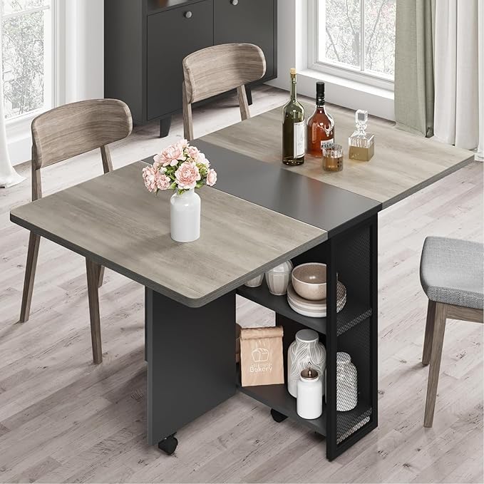 GarveeHome Folding Dining Table, Space Saving Farmhouse Dining Table for 4 Storage Shelf, 6 Wheels Multipose Expandable Kitchen Drop Leaf Table for Small Space (Carlo Grey, 47.2"D x 23.6"W x 29.5"H)