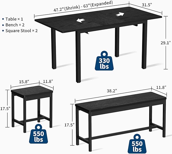 Garvee 5 PCs Extendable Dining Table Set for 4-8 People, 63 Inch Kitchen Table with 2 Benches & 2 Stools, Modern Dining Room Furniture, Easy Assembly Metal Frame