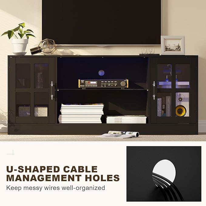 4-Piece Wall Unit TV Stand with Storage & LED Lights for TVs up to 75", Modern Entertainment Center with Bookshelves & 4-Door Pantry Cabinet, Black