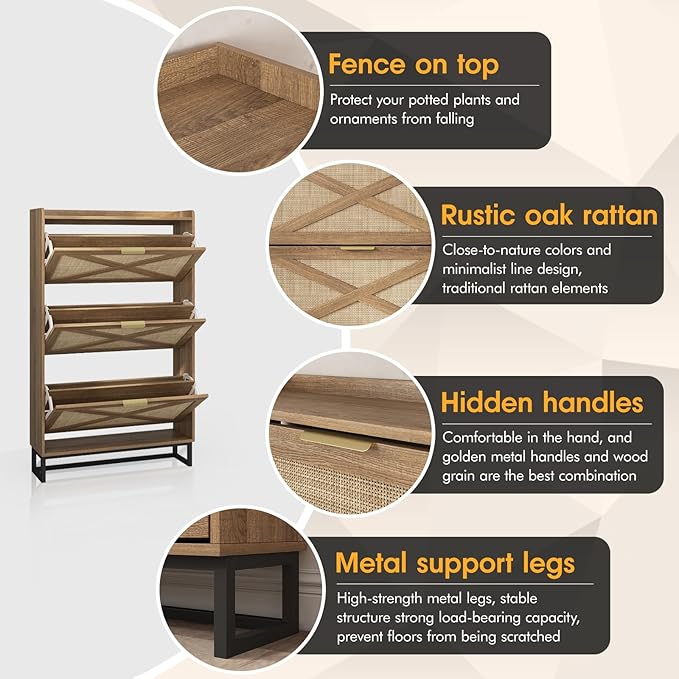 Maupvit Shoe Storage Cabinet with 3 Rattan Flip Drawers, Freestanding Organizer with Metal Legs for Entryway, Narrow Shoe Rack Cabinet, Hidden Golden Handles, Rustic Oak Rattan