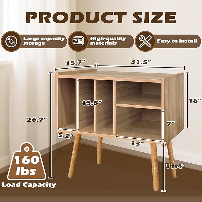 Record Player Stand with Vinyl Storage, Wooden Record Player Table with 5 Cabinet, Large Vinyl Record Player Stand, Record Player Holder, Record Player Shelf for Office Living Room, Oak