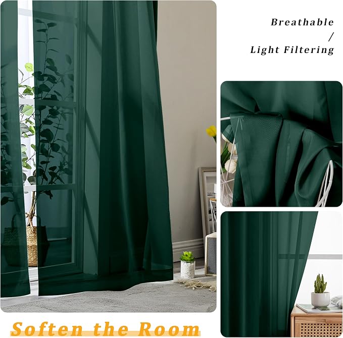Gwine Hunter Green Sheer Curtains 30 Inch Length, Short Light Filtering Voile - Image 4