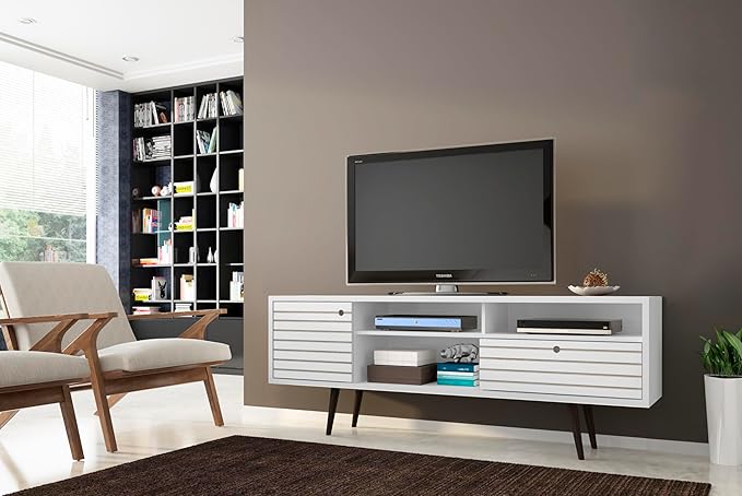 Manhattan Comfort Liberty Mid Century Modern TV Stand for Televisions up to 65 Inches, Bedroom and Living Room Entertainment Center with Storage, Shelves, and Cabinet, 71" Wide, White