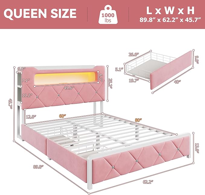 Queen Upholstered LED Bed Frame with 2 Storage Drawers and 2-Tier Storage Headboard,Velvet Princess Platform Bed with Charging Station & Bookcase, Corner Bed Frame, Heavy Duty Metal Support, Pink