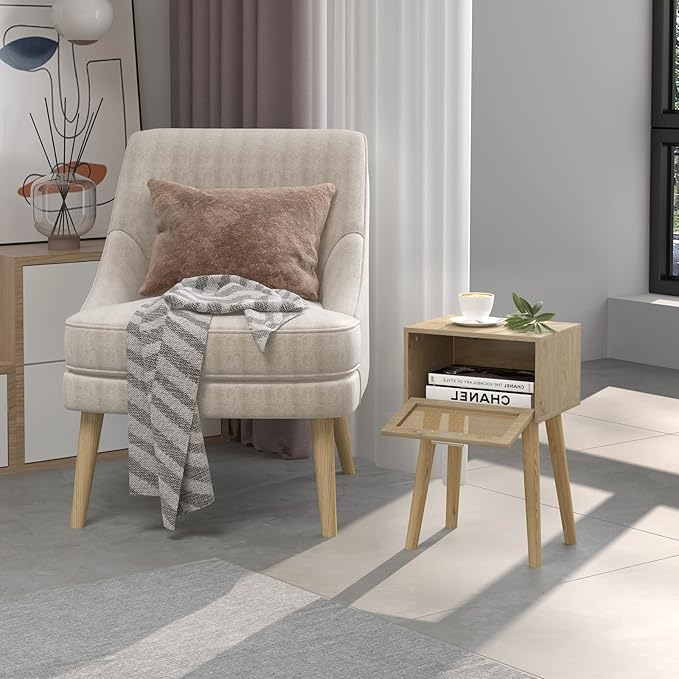 LAATOOREE Bedside Table Set of 2, Boho End Table with Solid Wood Feet for Bedroom and Living Room