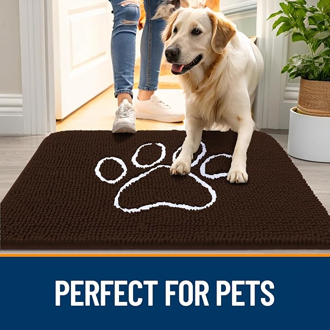 OLANLY Door Mat for Muddy Dog Paws 59x24, Ultra Absorbent Chenille Mud Doormat with Paw Print Design, Non-Slip Washable Doormat for Indoor Entryway, Quick-Dry Pet Bed Mats for Dirty Dogs, Brown