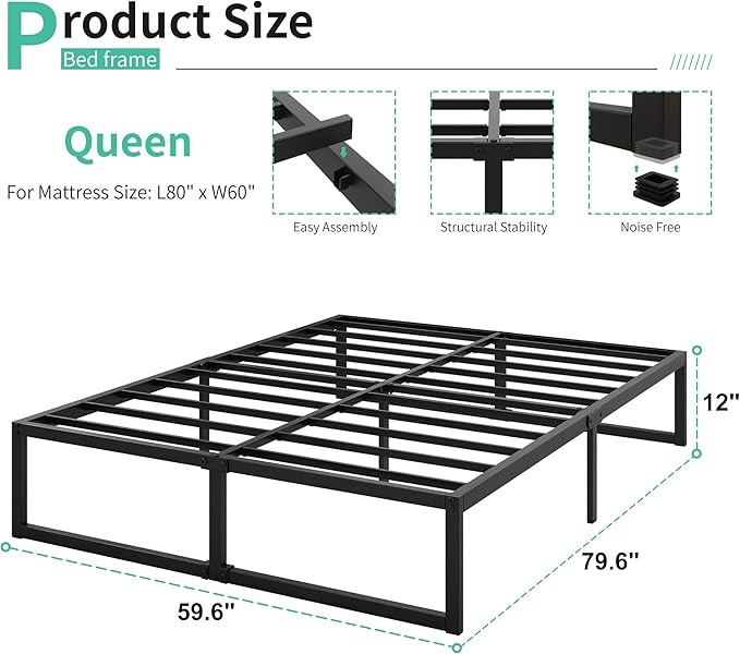 12 Inch Bed Frame Queen Size Heavy Duty Steel Slat Support Metal Platform Queen Bed Frame No Box Spring Needed, Easy Assembly, Black
