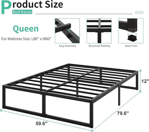 12 Inch Bed Frame Queen Size Heavy Duty Steel Slat Support Metal Platform Queen Bed Frame No Box Spring Needed, Easy Assembly, Black
