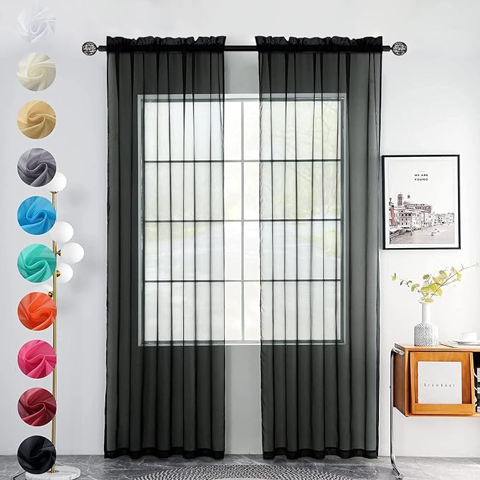 youleyar Solid Sheer Rod Pocket Curtain Voile Draperies 2 Panels White Beige - Image 3