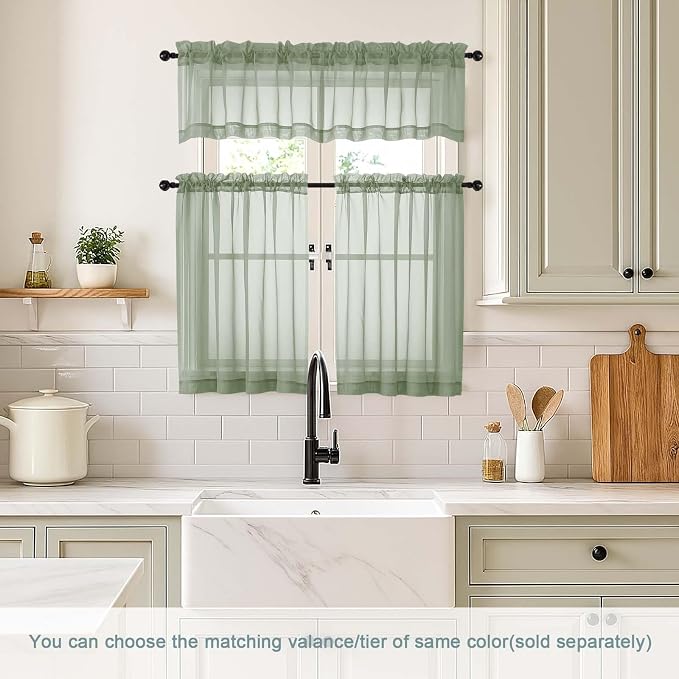 Sage Green Small Sheer Curtains Tier 24 Inches Length 2 Pieces, Light Filtering - Image 2