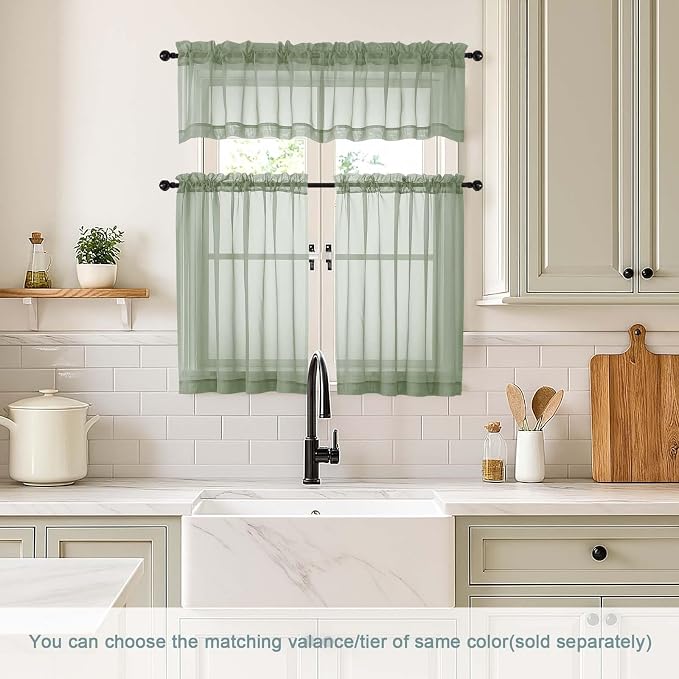Sage Green Sheer Curtains Tier 30 Inches Length 2 Panels, Light Filtering - Image 2