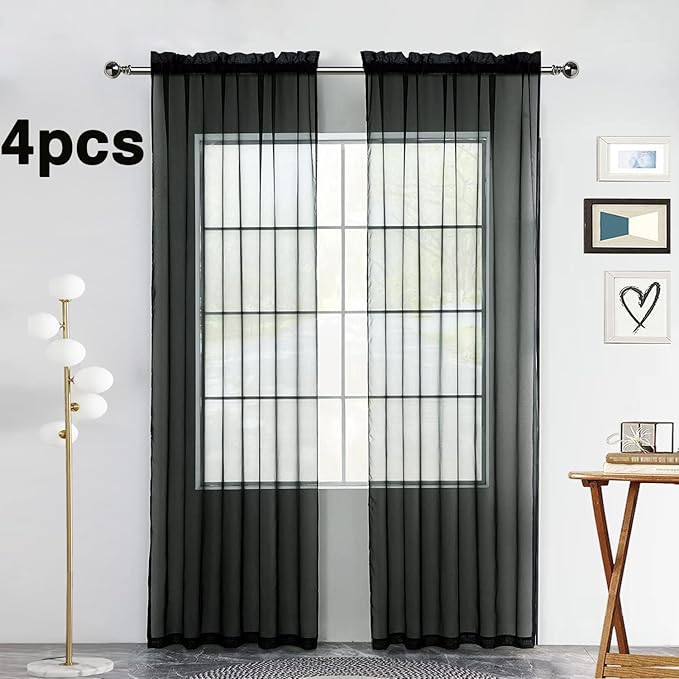 SpaceDresser Black Sheer Curtains 4 Panels Rod Pocket Semi-Sheer Curtain 90 - Image 2