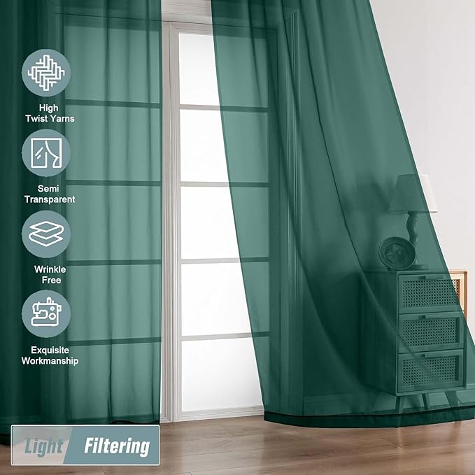Green Sheer Curtains 63 Inch Length 2 Panels, Soft Voile Sheer Curtains - Image 5