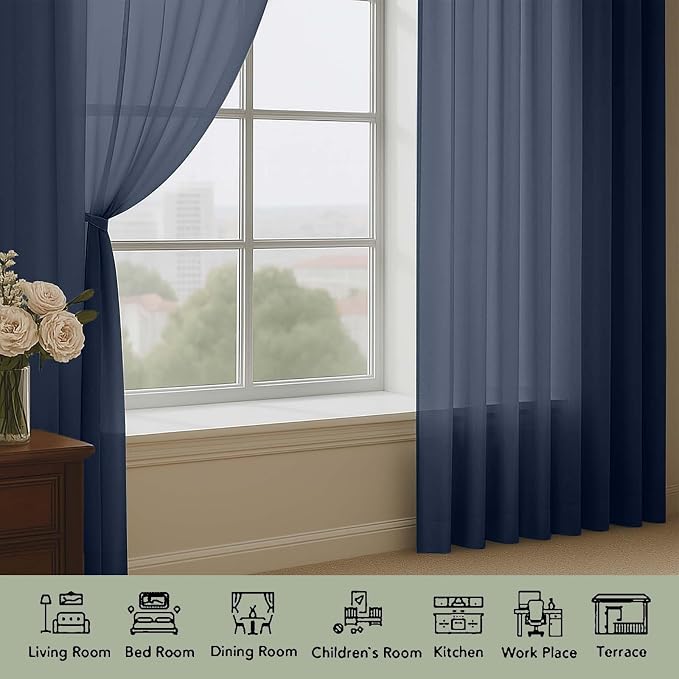 OWENIE Navy Blue Sheer Curtains 72 Inches Long 2 Panels Set, Transparent Voile - Image 3