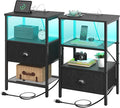 Sthmec Nightstands Set of 2, LED Bedside Tables with Charging Station and Fabric Drawer, Night Stand with Storage, 3 Tier Side Table with Open Shelf, LED Nightstand with Charging Station, Black