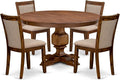 F3MZ5-50N-04 5-Pc Dining Room Set consists of a Pedestal Kitchen Table and 4 Light Tan Polyester Chairs with Padded Back - Antique Walnut