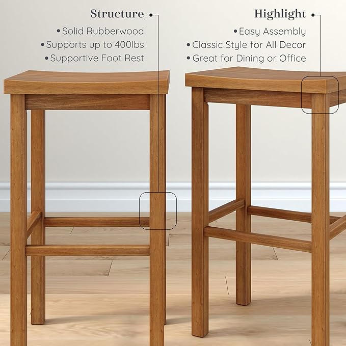 Grain & Grove Smith Collection Set of 2 Solid Wood Bar Stools, 30 inch Saddle-Seat Bar Chairs, Backless, Heavy-Duty Construction, Footrest Support, for Kitchen Islands, Home Bars, and Counters, Pecan