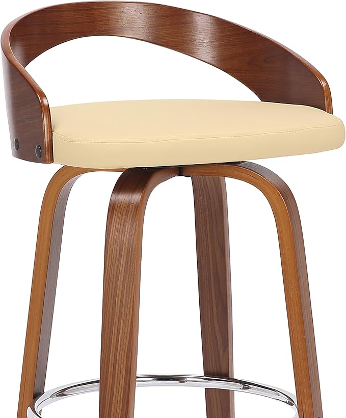 Armen Living Sonia 30" Bar Height Swivel Cream Faux Leather and Walnut Wood Bar Stool - Set of 4