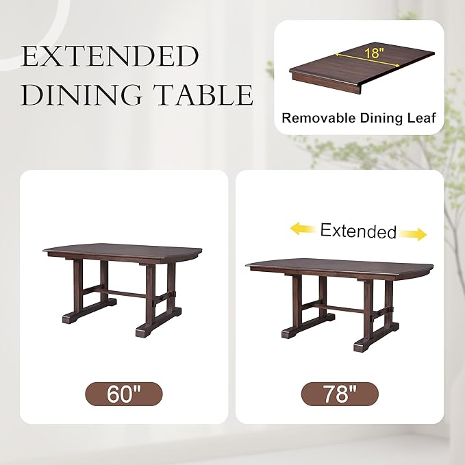Ball & Cast Dining Table Set for 6,60" to 78" Extendable Wood Dining Table with Removable Leaf,6-Piece Kitchen Table Set W/ 4 Upholstered Chair and 1 Bench,for Dining Room,Kitchen,Restaurant,Cherry