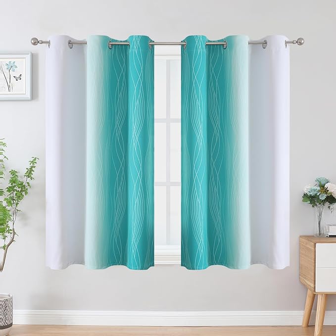 Estelar Textiler Teal and Greyish White Blackout Curtains 54 Inch Length - Image 2