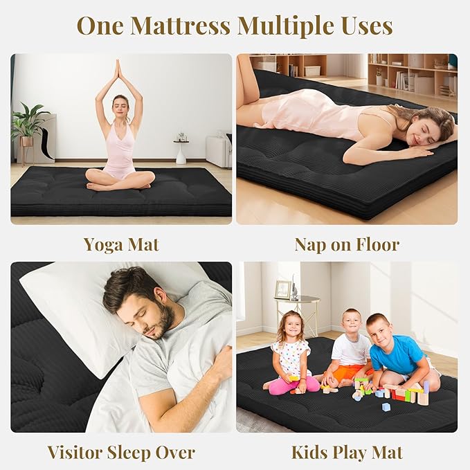 Japanese Floor Mattress, 4" Thicken Futon Mattress Full Size Sleeping Pad, Corduroy Foldable Floor Pad, Roll Up Tatami Mat for Adults Guest Room Bedroom, Black