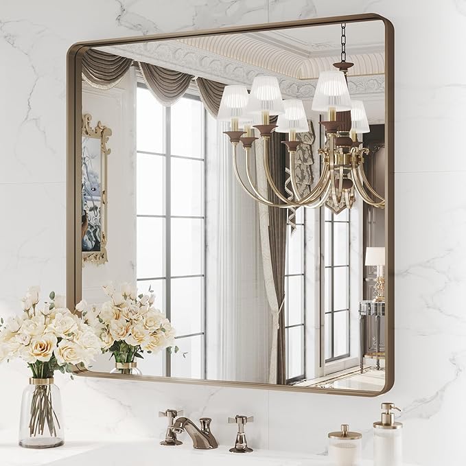 WEER Bronze Bathroom Mirror 36x36 Inch, Farmhouse Oil Rubbed Frame for Wall, Aluminum Alloy Brushed Metal, Vanity, Tempered Glass, Anti-Rust (Horizontal/Vertical)