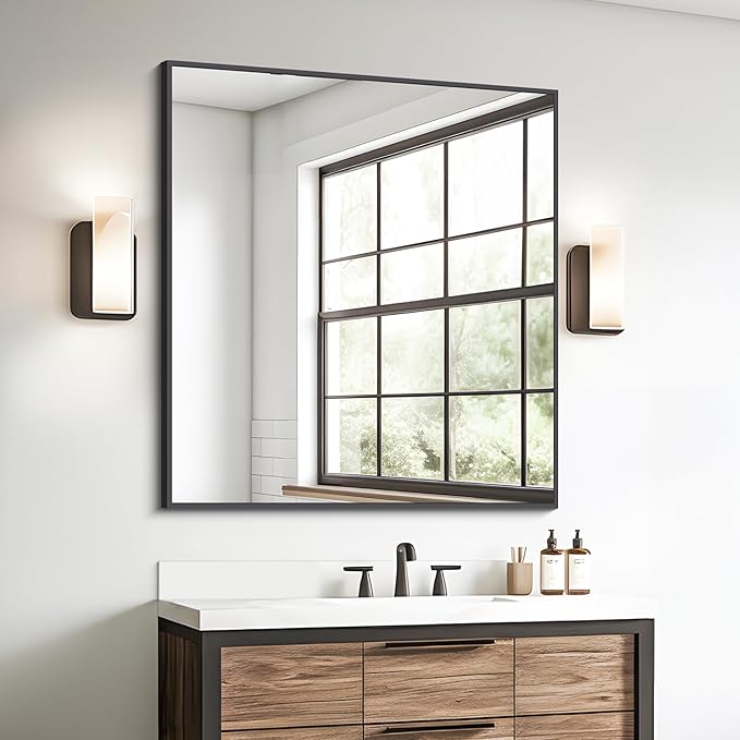 BONEWEI Bathroom Mirror,36x40 inch Wall Mirror for Bathroom Wall Mounted Black Rectangle Square Corner Mirrors, Black Bathroom Mirror for Living Room, Farmhouse, Bedroom Entryway, Horizontal/Vertical