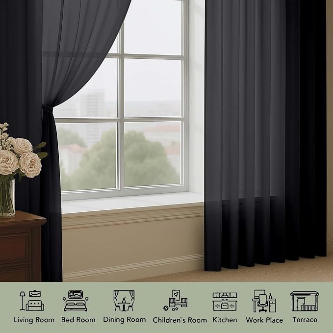 OWENIE Black Sheer Curtains 120 Inches Long 2 Panels Set, Airy Lightweight - Image 4