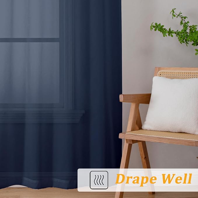 Gwine Navy Blue Sheer Curtains 84 Inches Long 2 Panels Set - Image 6