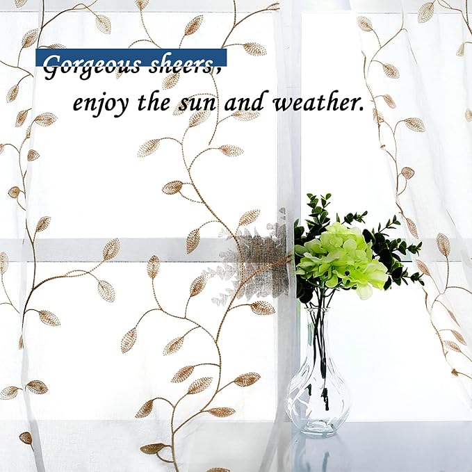 MRTREES Voile Sheer Curtain Valances, Leaves Embroidered Valance Curtains Rod - Image 4