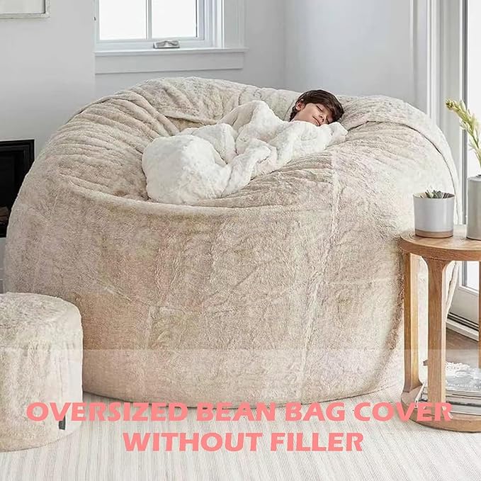 BCU Oversized Bean Bag Cover Comfy Beanbag Chair for Adults Without Filler Faux Fur Lazy Sofa Cover for Living Room Chairs, Silver White, 5FT