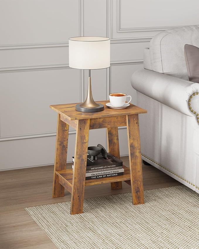 Garvee End Table, Side Table with 2-Tier Storage Shelf, Sofa Table for Small Space, Square Nightstand for Entryway, Farmhouse, Living Room, Easy Assembly, Rustic Brown