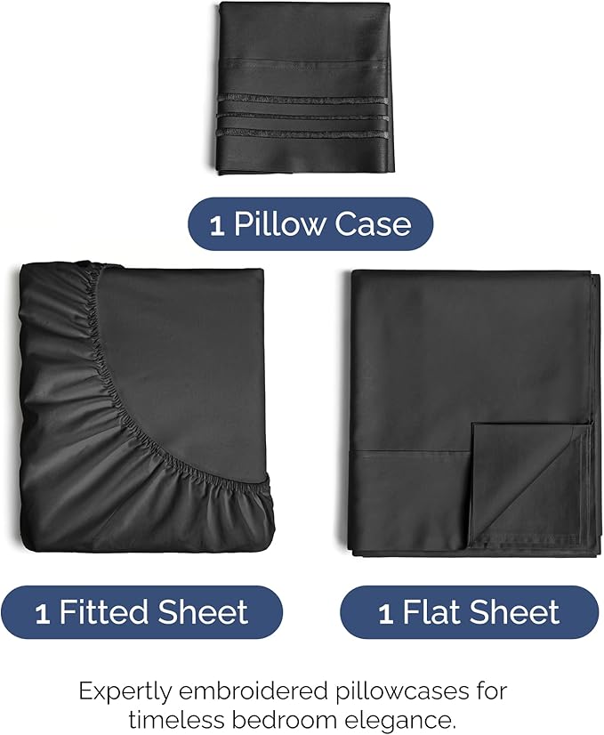 Twin XL Size 3 Piece Sheet Set - Comfy Breathable & Cooling Bed Sheets Set - Hotel Luxury Bedding for Women, Men, Kids, Teens, Boys & Girls - Deep Pockets, Ultra-Soft, Wrinkle Free - Oeko-Tex - Black