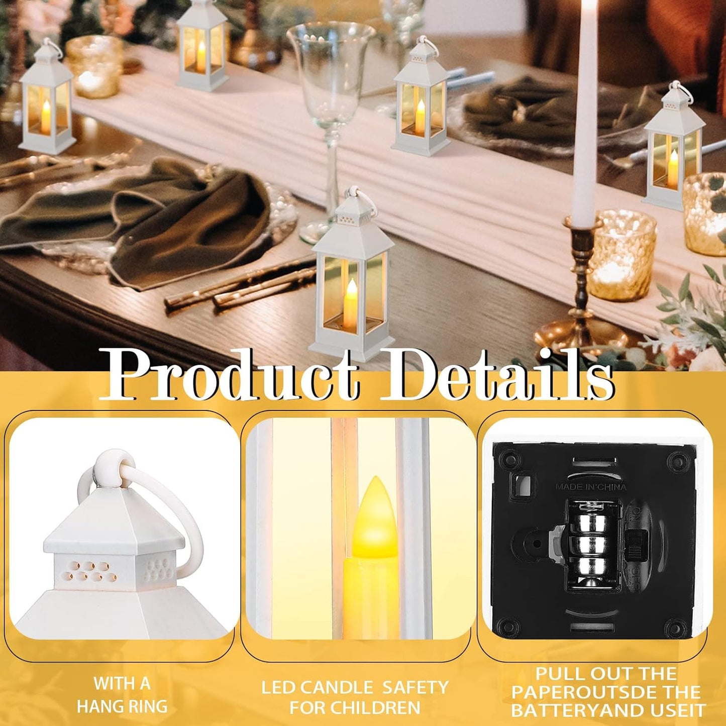 Hoolerry 24 Set Halloween Mini Lanterns with LED Candles 5.5'' Decorative Hanging Small Vintage Lantern Centerpiece Battery Powered for Wedding Table(White)