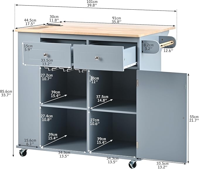 Merax Rubber Wood Kitchen Island with Adjustable Storage, Rolling Kitchen Storage Cart with Drop Leaf, Open Storage, Wine Rack, 5 Wheels for Home, Kitchen, Dining Room, Blue