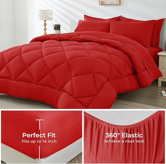 HEVUMYI Red Full Comforter Set - 7-Piece All Season Bed in a Bag Full, Ultra Soft Bedding Set with Comforter, Flat Sheet, Fitted Sheet, Pillowcases, Pillow Shams