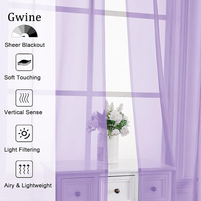 Gwine Lilac Sheer Curtains 72 Inches Long 2 Panels Set - Image 2