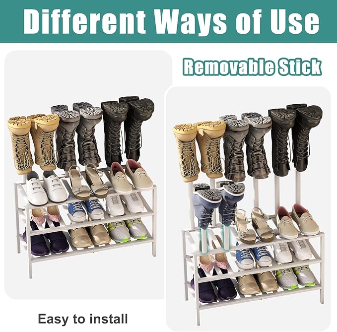 White Boot Rack, Boot Rack Organizer Tall Boots with Shoe Rack for Closet, Bamboo Wood Shoe Shelf Storage Organizer for Entryway
