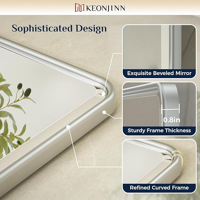 Keonjinn 20 x 30 Inch Tilt Mirror Bathroom, Satin Nickel Metal Pivot Mirror for Bathroom, Silver Beveled Fixed Tilt Mirrors for Over Sink, Modern Tilting Mirrors Wall Mounted (Horizontal/Vertical)